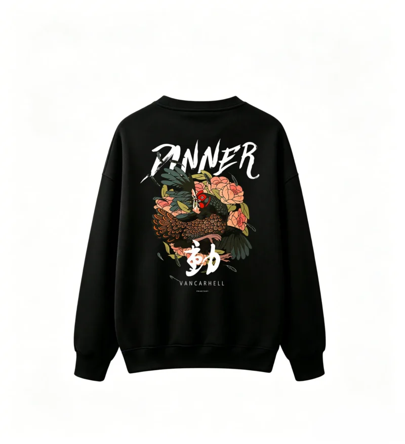 黑卫 Pinner Vangarhell Japanese Kanji Bird Peony Graphic Print Crew Neck Sweatshirt