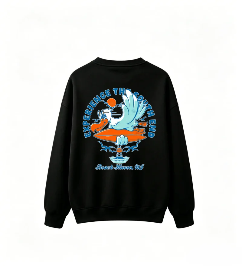 黑卫 Experience The South End Beach Haven NJ Pelican Surfing Graphic Crew Neck Sweatshirt