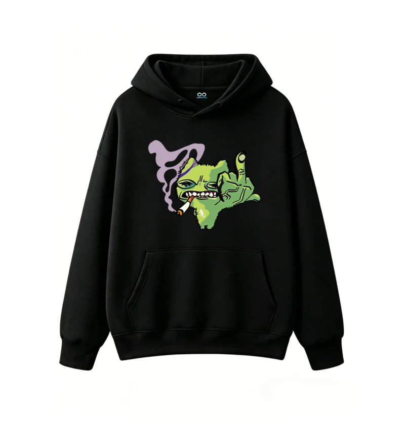 黑卫 Funny Smoking Green Cat Middle Finger Graphic Hoodie
