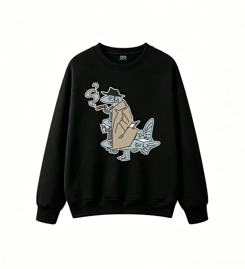 黑卫 Funny Fish In Trench Coat Smoking Cigar Back Print Sweatshirt