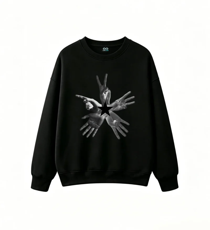 黑卫 Star Hand Sign Graphic Back Print Crew Neck Sweatshirt