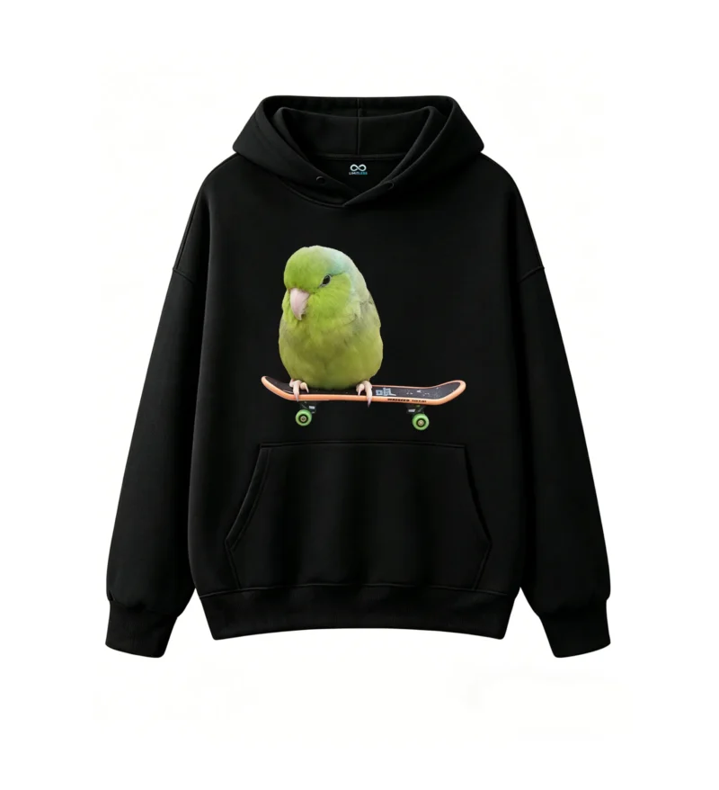 Cute Green Parrot Riding Skateboard Hoodie