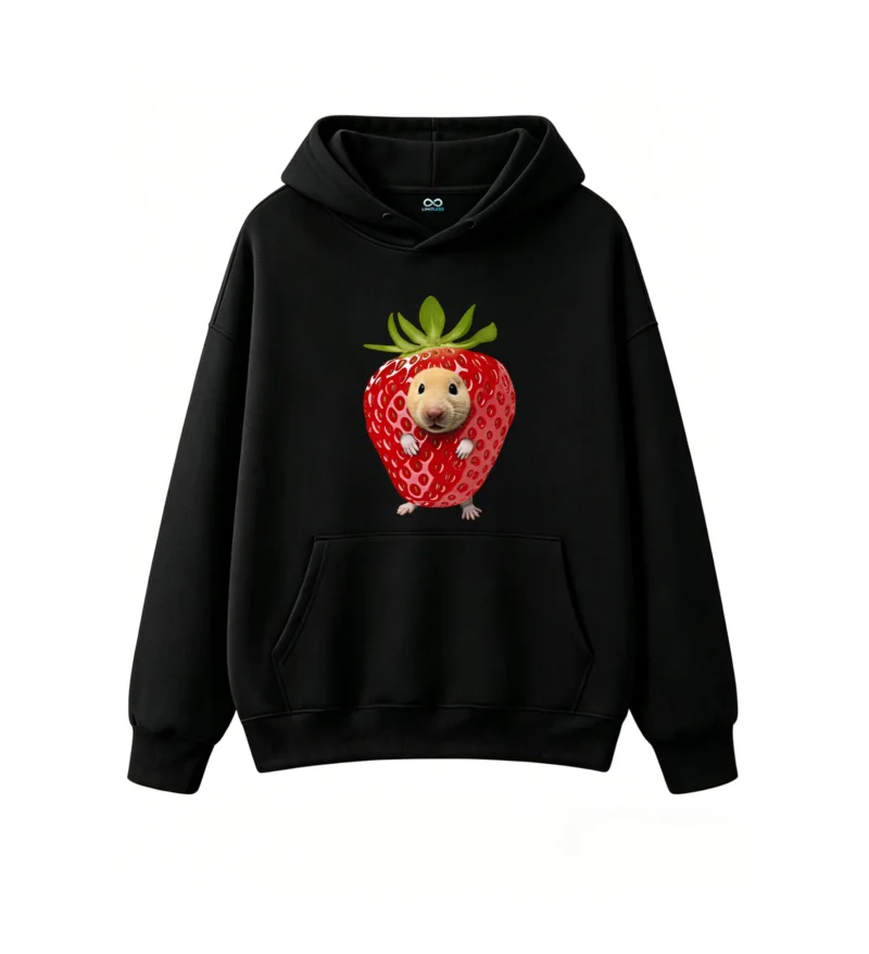 黑卫 Cute Hamster Inside Strawberry Graphic Hoodie