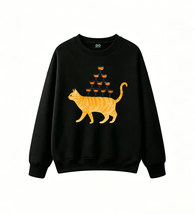 Buzo Cuello Redondo Algodón Estampada Gato Copas Diseño Original Casual