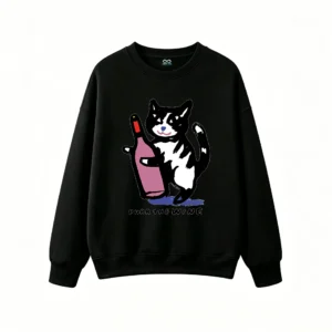 Buzo Cuello Redondo Algodón Estampada Gato Con Vino Diseño Minimalista