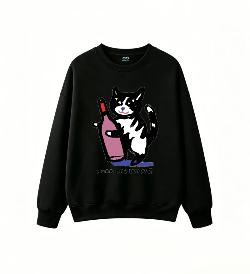 主图_1 Buzo Cuello Redondo Algodón Estampada Gato Con Vino Diseño Minimalista