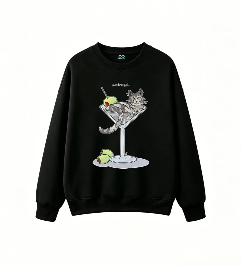 主图_1 Buzo Cuello Redondo Algodón Estampado Gato Martini Diseño Original Calidad