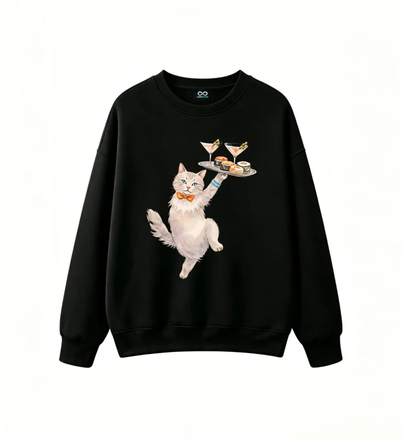 主图_1 Buzo Cuello Redondo Algodón Estampado Gato Mesero Sushi Premium Kawaii