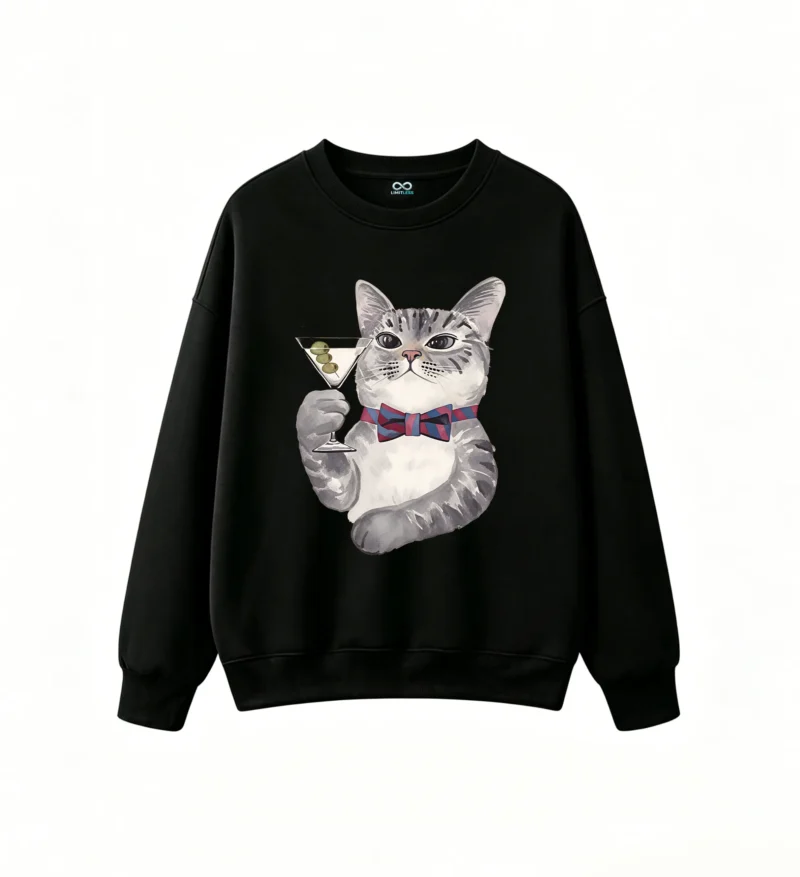 Buzo Cuello Redondo Algodón Estampado Gato Martini Elegante Premium