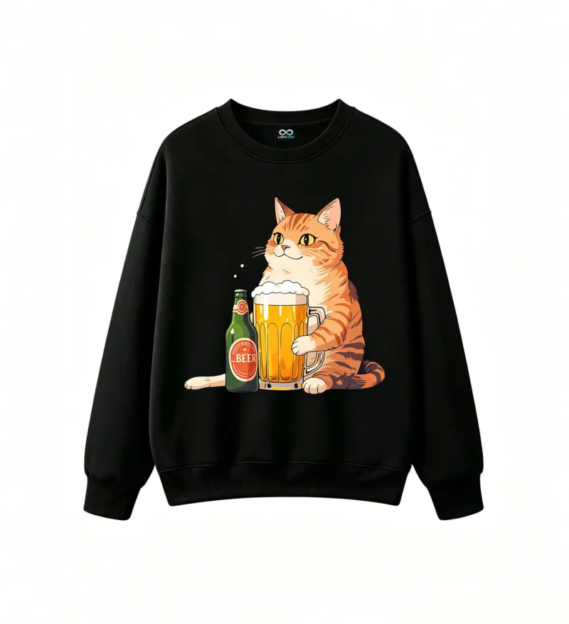 Buzo Cuello Redondo Algodón Estampada Gato Cerveza Diseño Original Casual