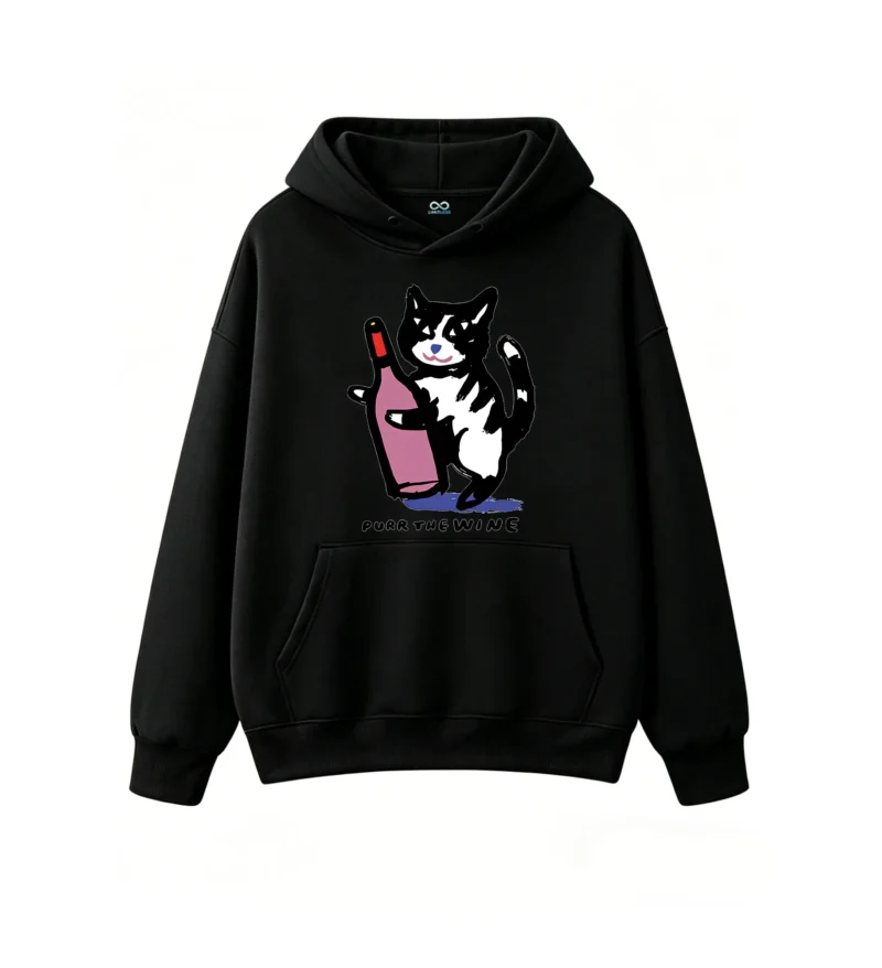 主图_1 Buzo con capucha Algodón Estampada Gato Con Vino Diseño Minimalista
