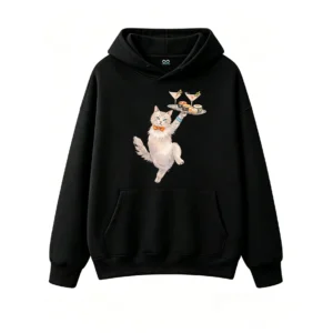 主图_1 Buzo con capucha Algodón Estampado Gato Mesero Sushi Premium Kawaii