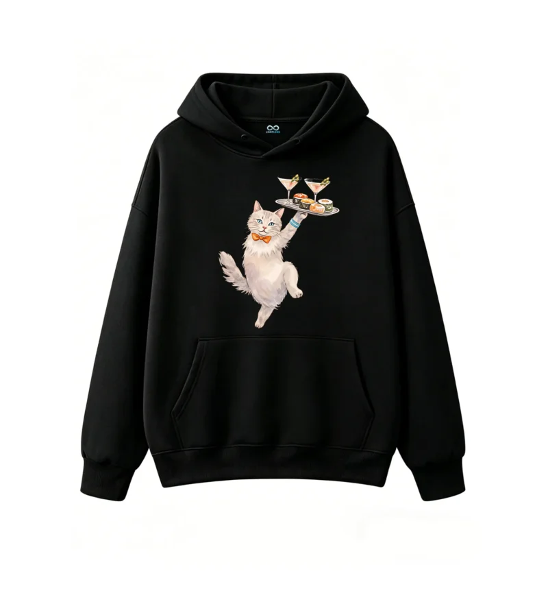 Buzo con capucha Algodón Estampado Gato Mesero Sushi Premium Kawaii