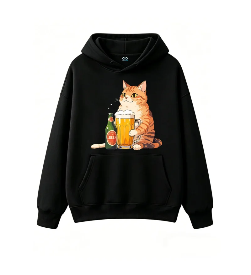 主图_1 Buzo con capucha Algodón Estampada Gato Cerveza Diseño Original Casual