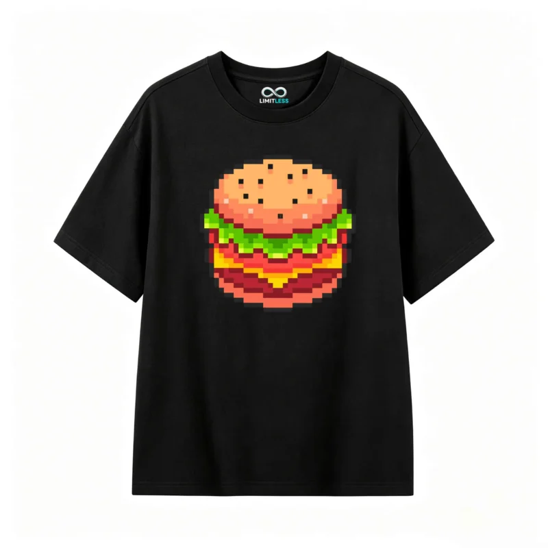 Remera Algodón Estampado Pixel Art Hamburguesa Gamer Premium