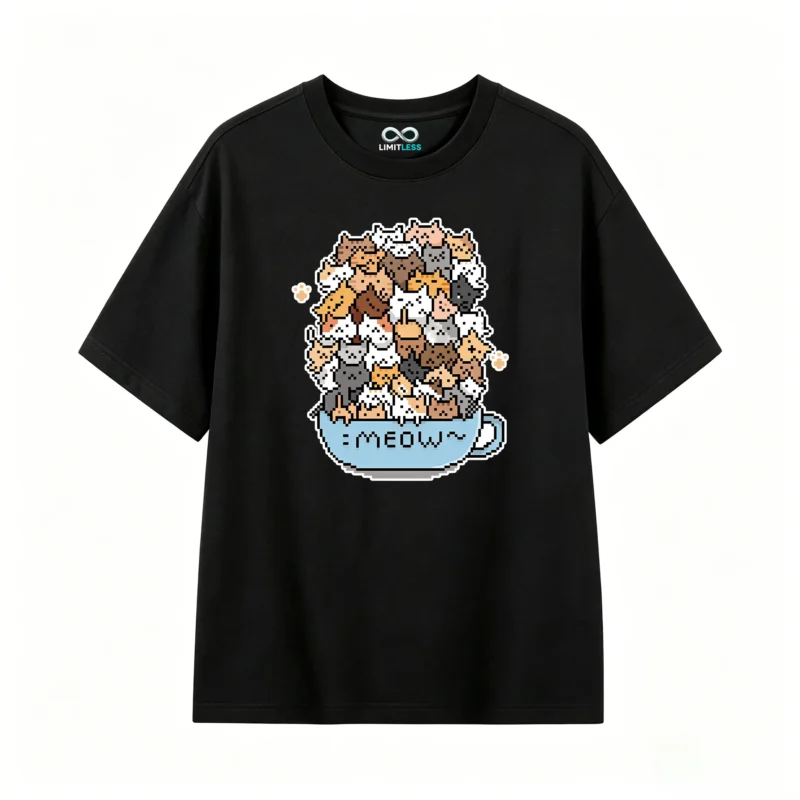 Remera Algodón Estampado Gatos Pixel Art Diseño Kawaii