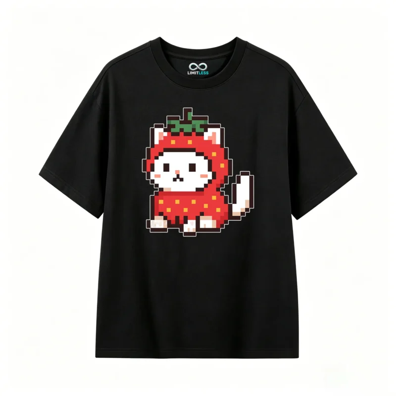 主图_1 Remera Algodón Estampado Pixel Art Gato Frutilla Casual