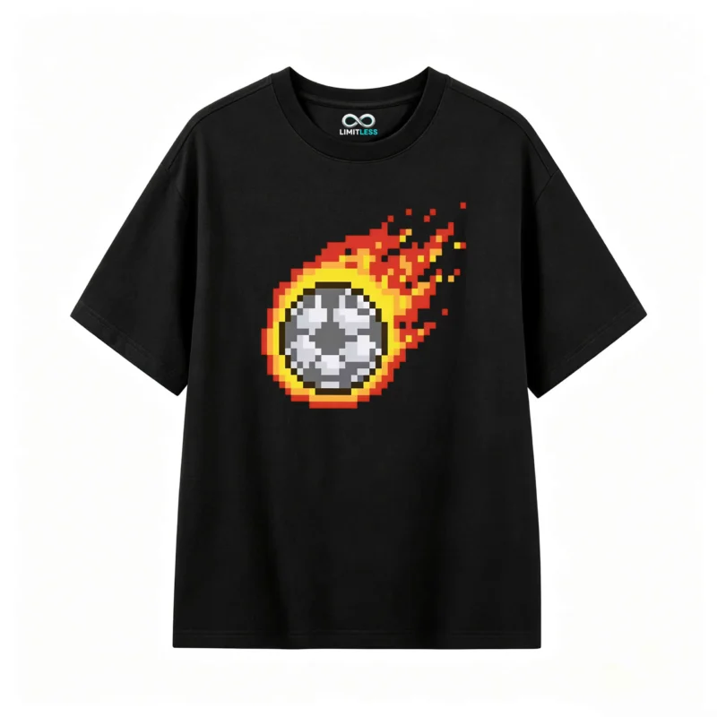 Remera Algodón Estampa Pelota Fuego Pixel Art Futbol Trendy