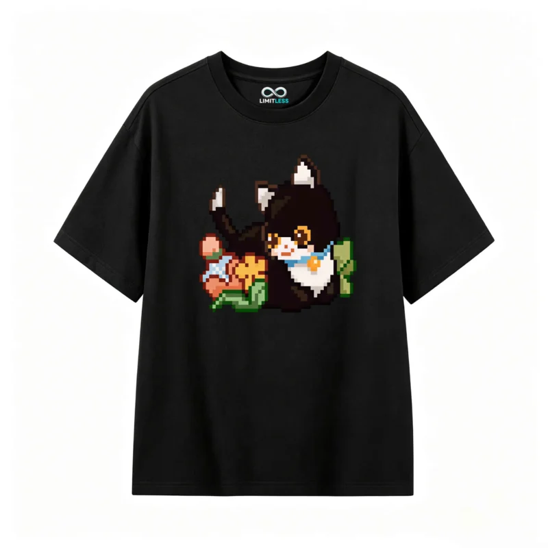 Remera Algodón Estampado Pixel Art Gato Kawaii Premium