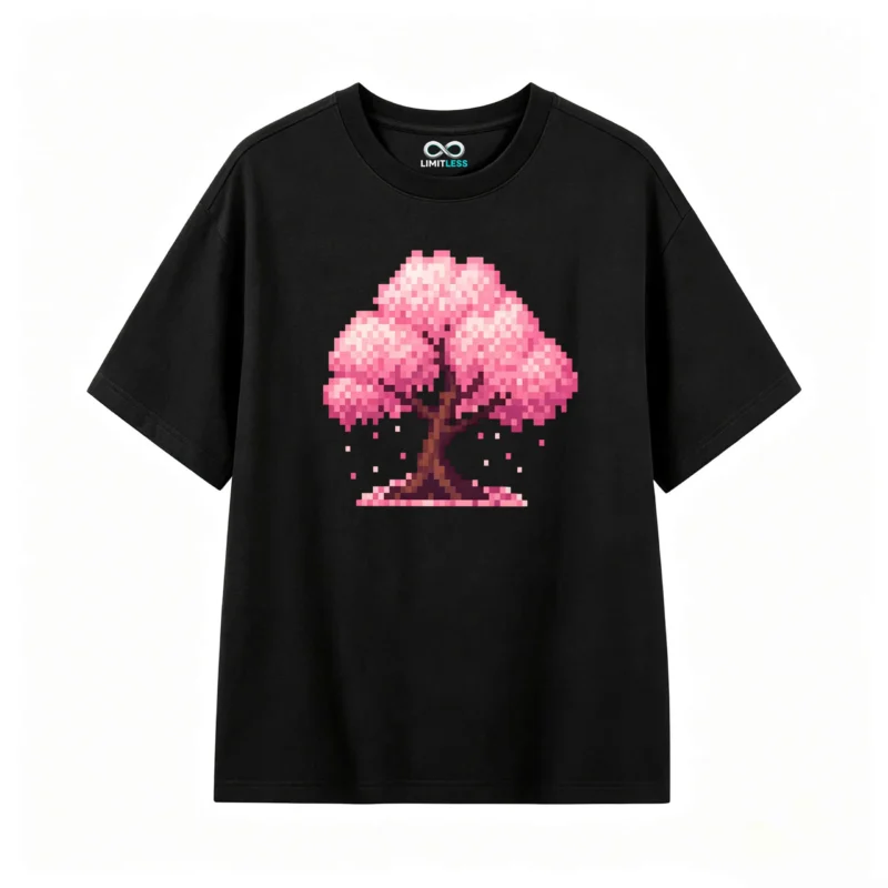 Remera Algodón Estampado Pixel Art Cerezo Japonés Casual