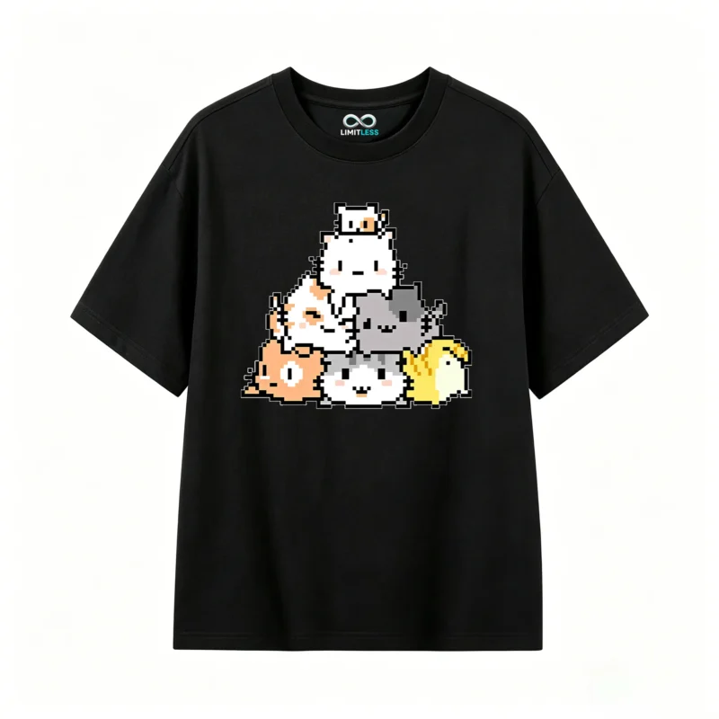 Remera Algodón Estampado Gatos Pixel Art Diseño Kawaii