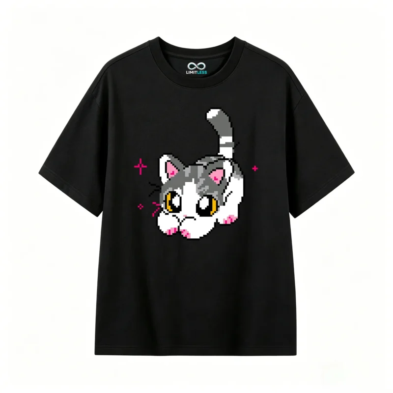 Remera Algodón Estampado Pixel Art Gato Estilo Y2K Casual