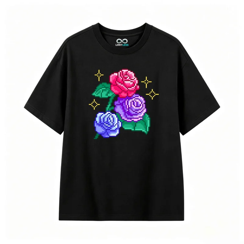 主图_1 Remera Algodón Estampado Rosas Pixel Art Diseño Urbano Premium