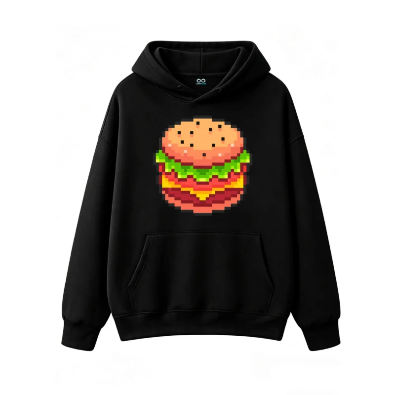 主图_1 Buzo con Capucha Algodón Estampado Hamburguesa Pixel Art Gamer Casual