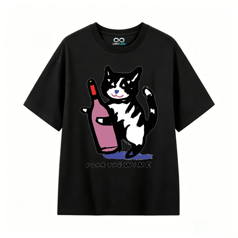 Remera Algodón Estampada Gato Con Vino Diseño Minimalista