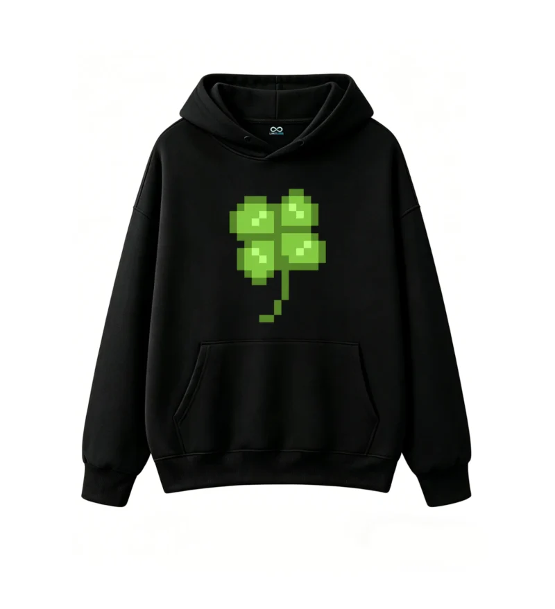 Buzo con Capucha Algodón Estampado Trébol Pixel Art Casual Premium