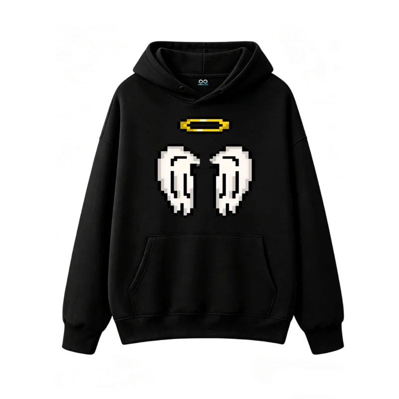 主图_1 Buzo con Capucha Algodón Estampado Alas Ángeles Pixel Art Urbano Top