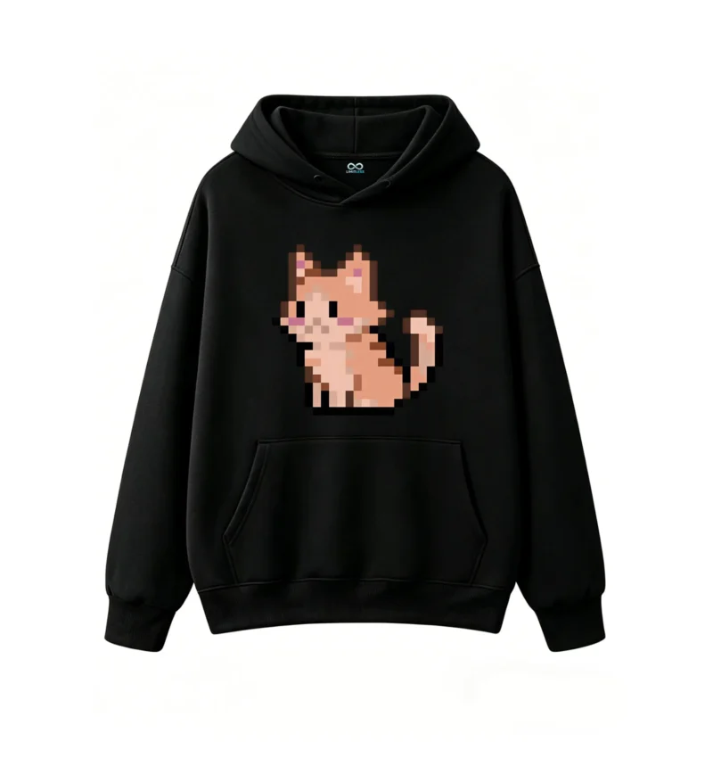 主图_1 Buzo con Capucha Algodón Estampado Gato Pixel Art Diseño Kawaii Viral