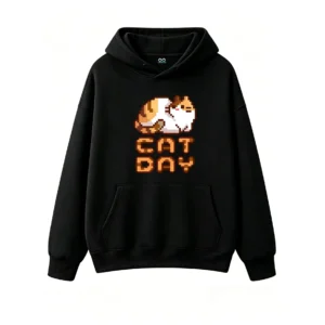 主图_1 Buzo con Capucha Algodón Estampado Pixel Art Gato Casual Premium