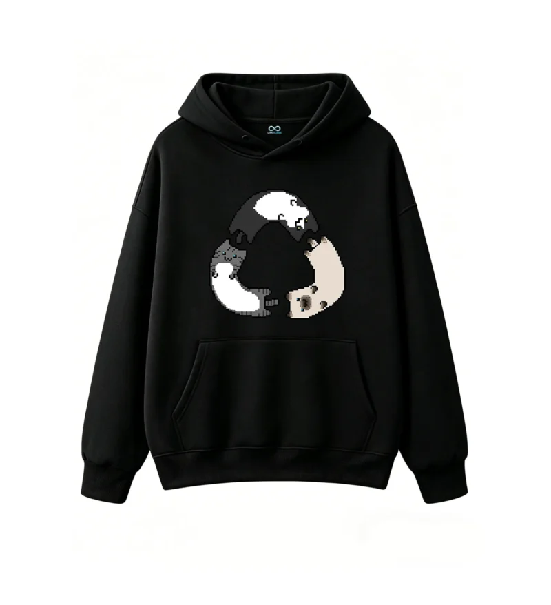主图_1 Buzo con Capucha Algodón Estampado Gatos Pixel Art Casual Premium