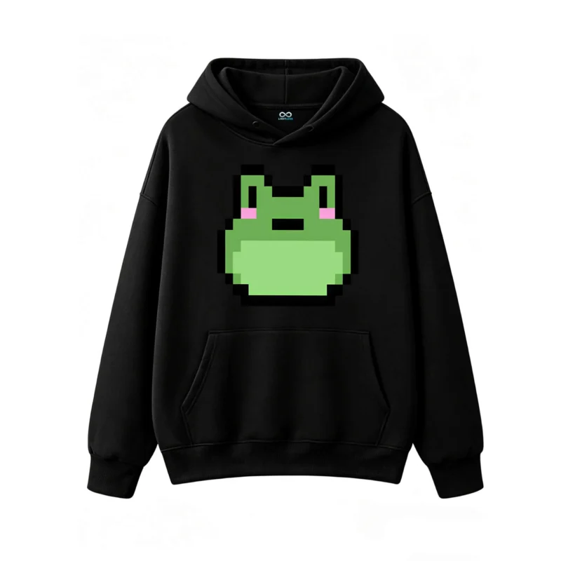 Buzo con Capucha Algodón Estampado Pixel Art Rana Kawaii Oversize