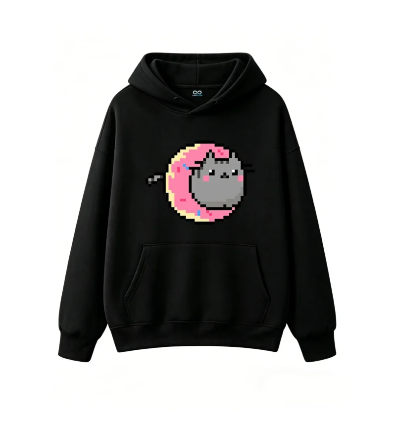 主图_1 Buzo con Capucha Algodón Gato Pixel Art Donut Kawaii Diseño Premium