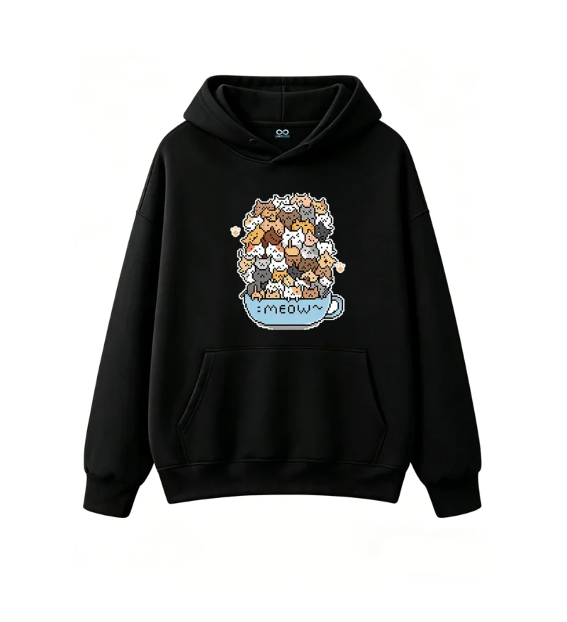 主图_1 Buzo con Capucha Algodón Estampado Gatos Pixel Art Diseño Kawaii