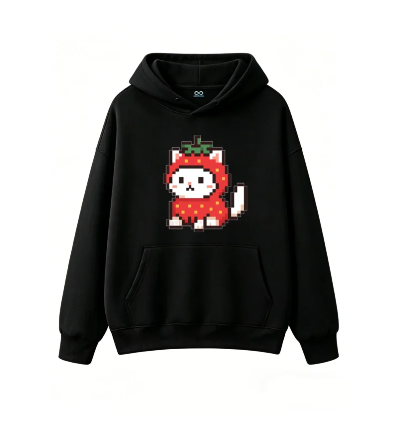 主图_1 Buzo con Capucha Algodón Estampado Gato Frutilla Pixel Art Kawaii