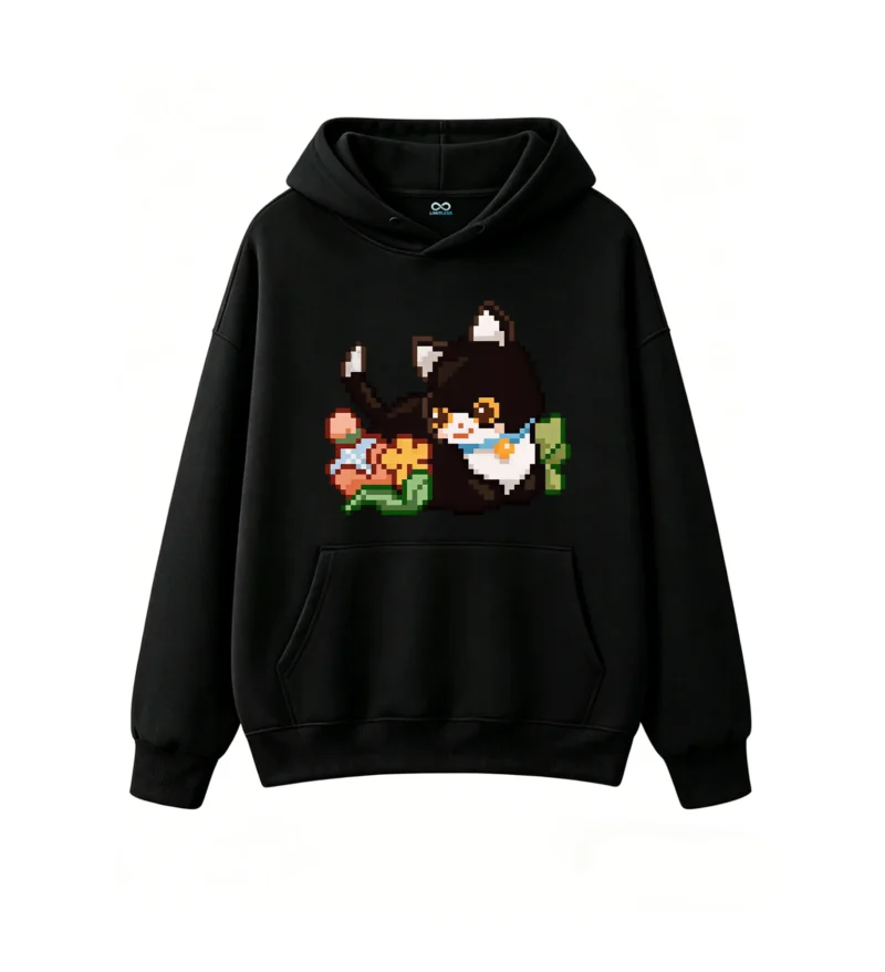 主图_1 Buzo con Capucha Algodón Estampado Gato Pixel Art Kawaii Urbano