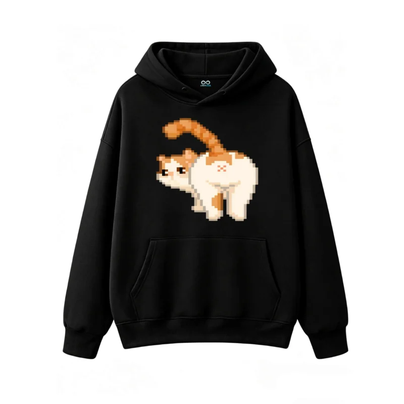 主图_1 Buzo con Capucha Algodón Estampado Gato Pixel Art Diseño Divertido