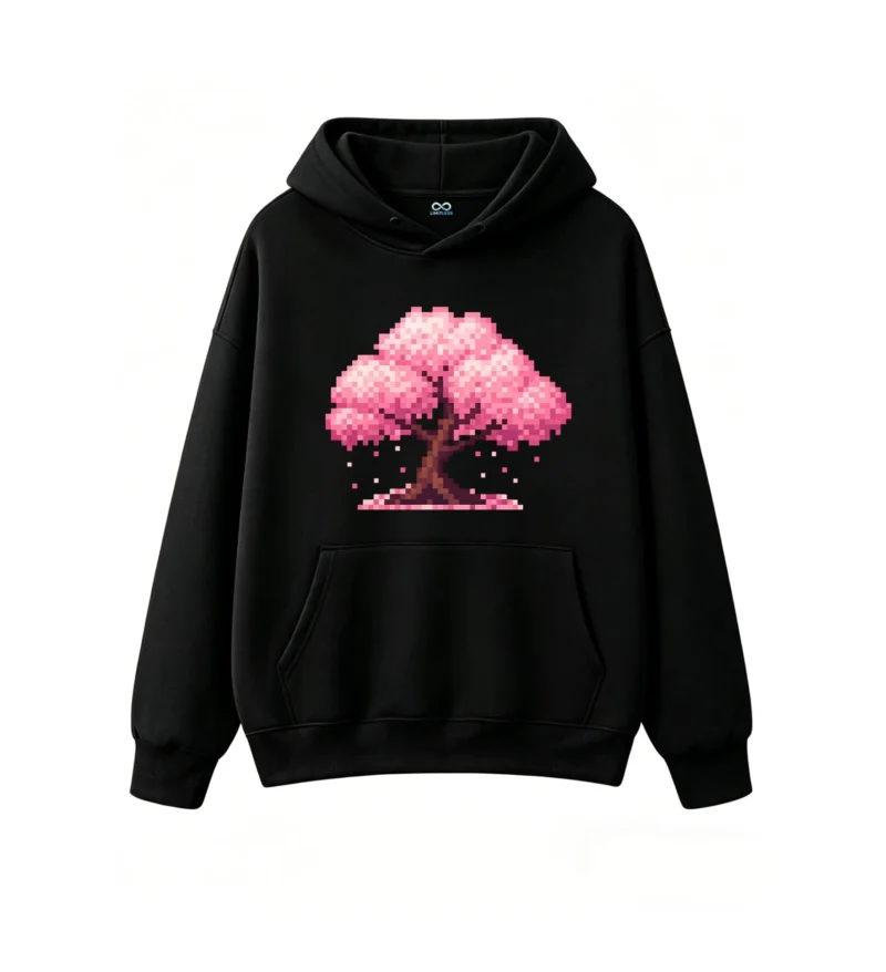 Buzo con Capucha Algodón Estampado Pixel Art Cerezo Japonés Casual