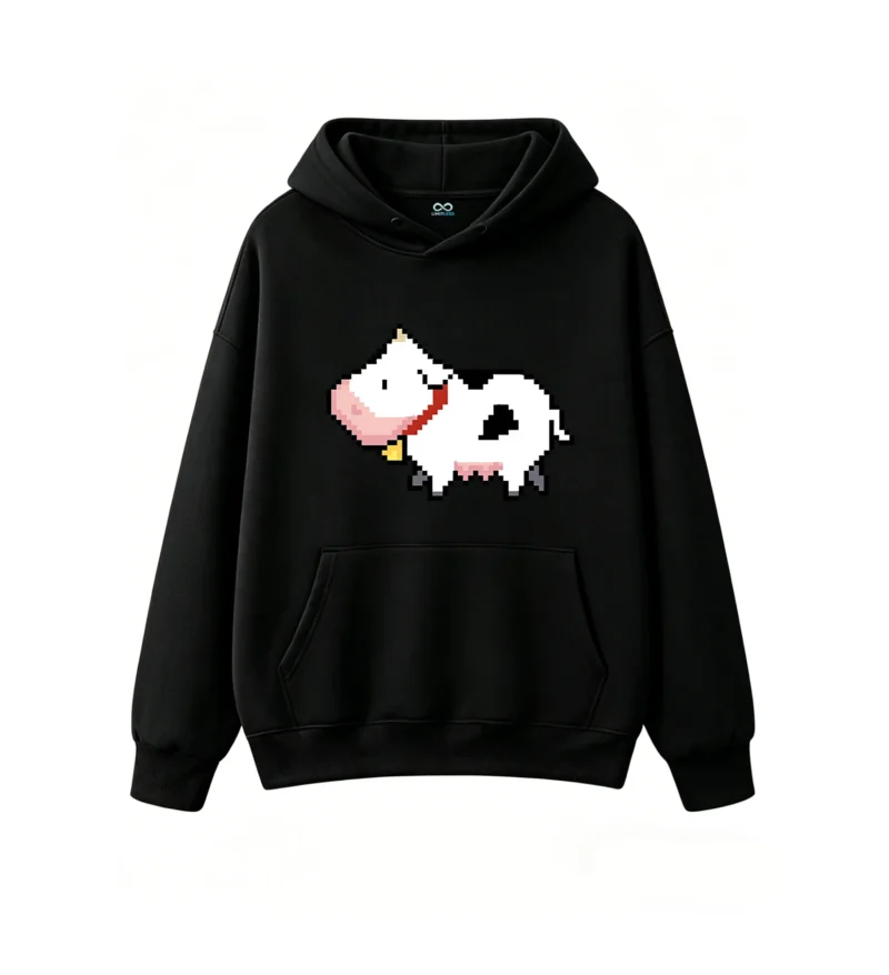 主图_1 Buzo con Capucha Algodón Estampado Vaca Pixel Art Casual Premium