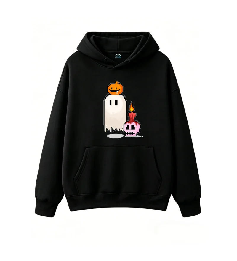 Buzo con Capucha Algodón Estampado Pixel Art Halloween Fantasma Calavera