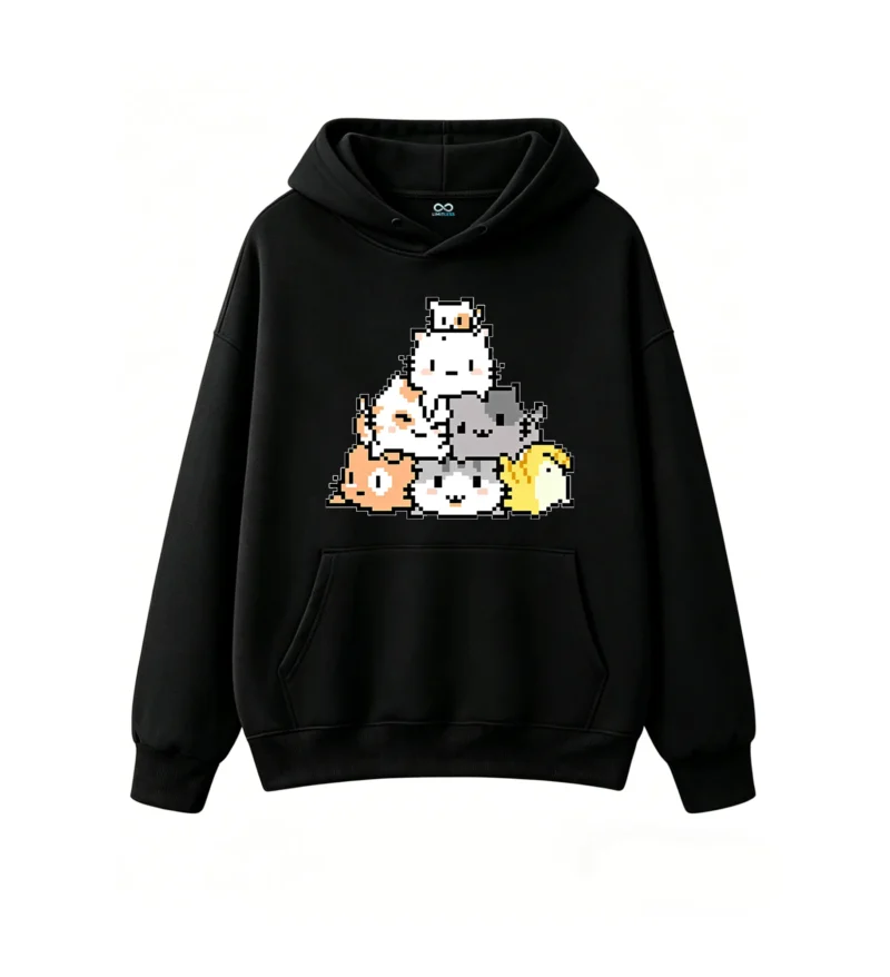 Buzo con Capucha Algodón Estampado Pixel Art Gatos Kawaii Diseño Unico
