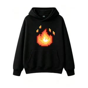 主图_1 Buzo con Capucha Algodón Estampado Pixel Art Fuego Gaming Premium