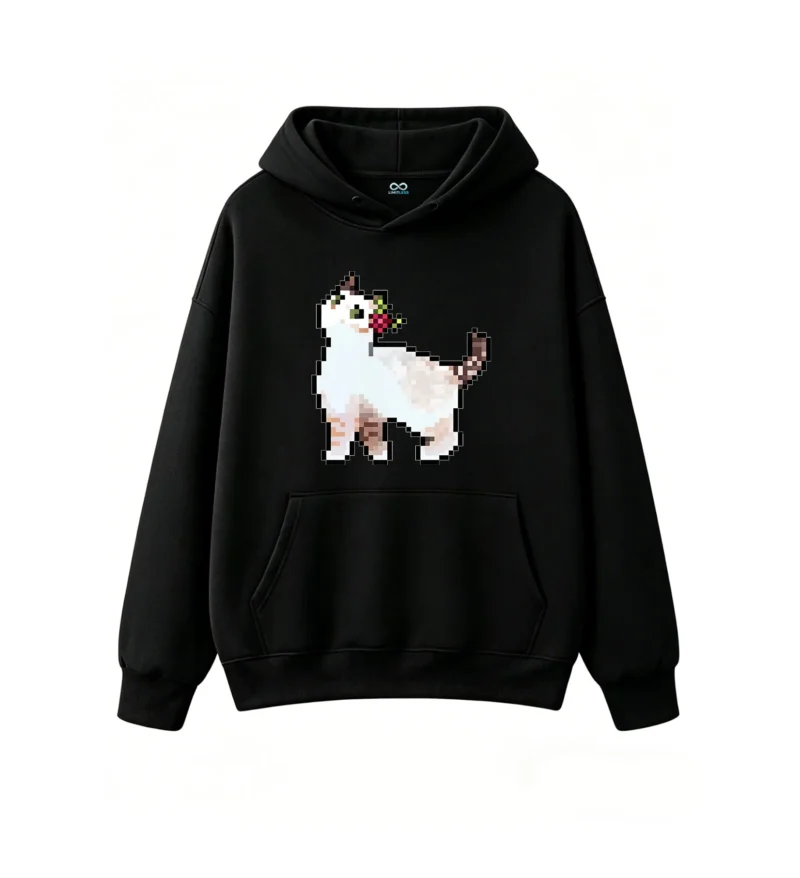 主图_1 Buzo con Capucha Algodón Estampado Gato Flores Premium Casual Trendy