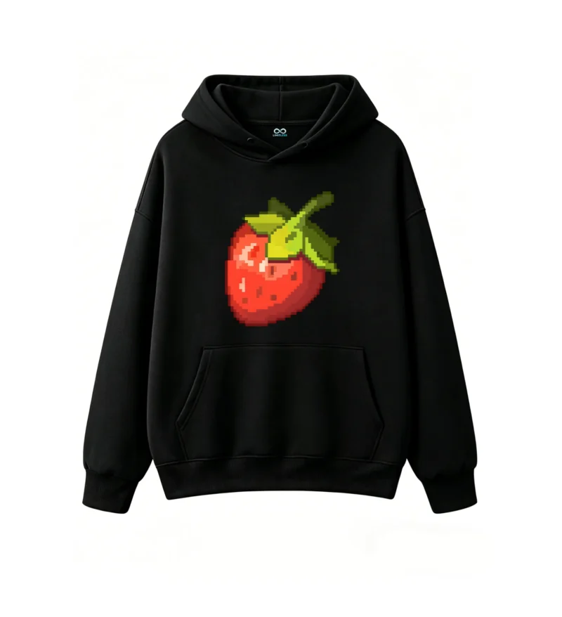 主图_1 Buzo con Capucha Algodón Estampado Frutilla Pixel Art Diseño Gamer