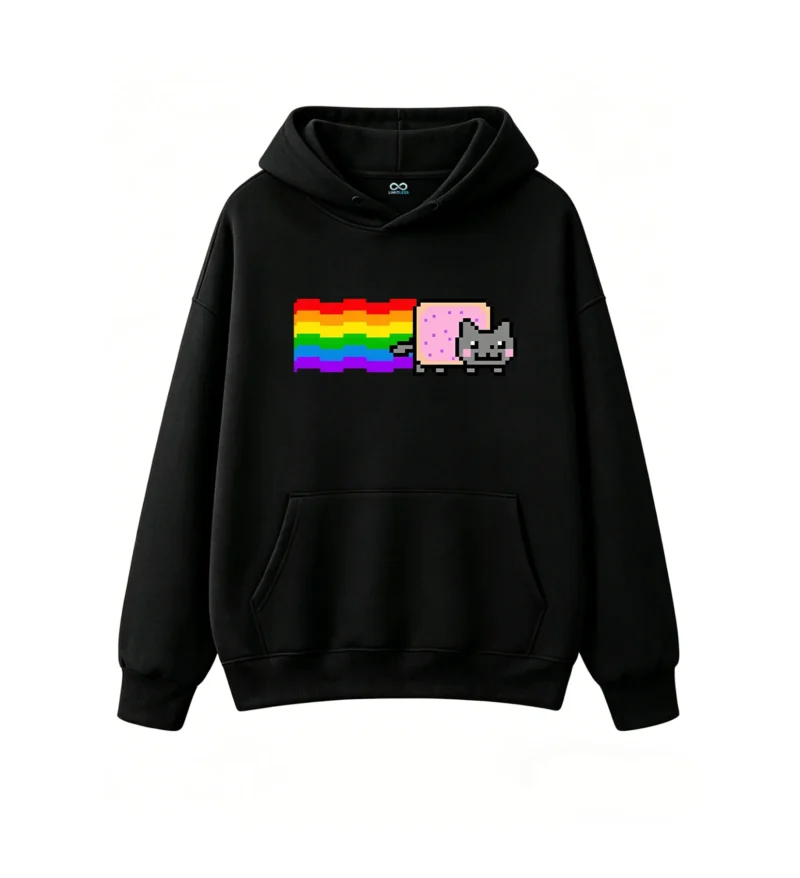 主图_1 Buzo con Capucha Algodón Estampado Nyan Cat Arcoíris Pixel Art Premium