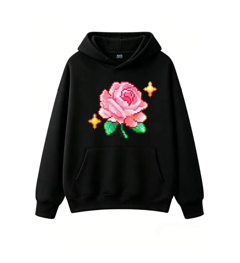 Buzo con Capucha Algodón Estampado Rosa Pixel Art Diseño Aesthetic