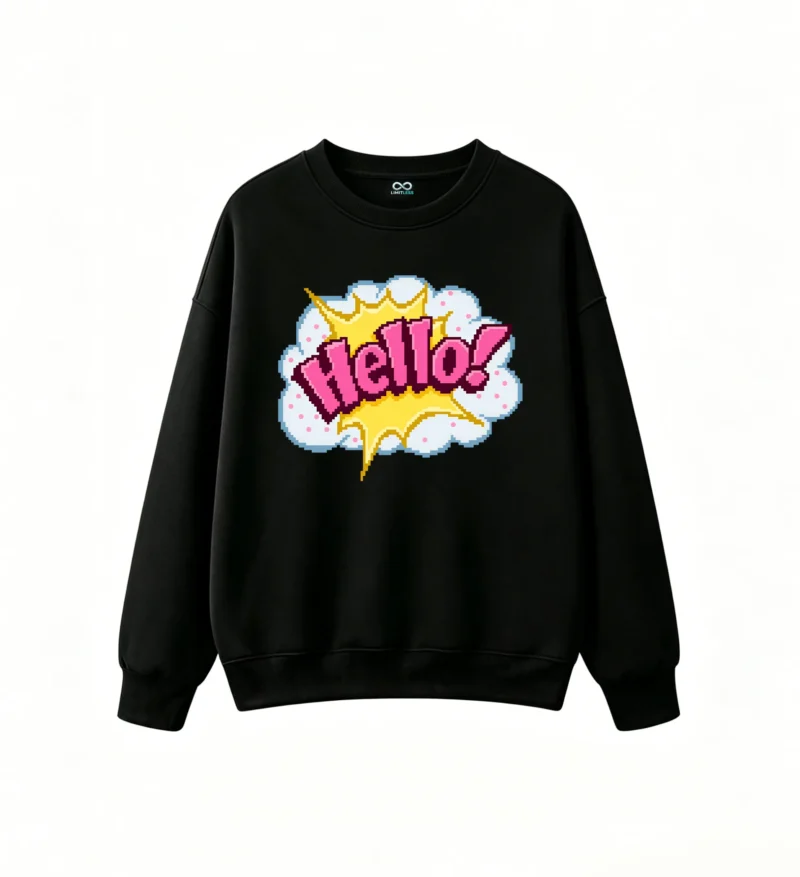 Buzo cuello redondo Algodón Estampado Hello Diseño Pixel Art Estilo Pop